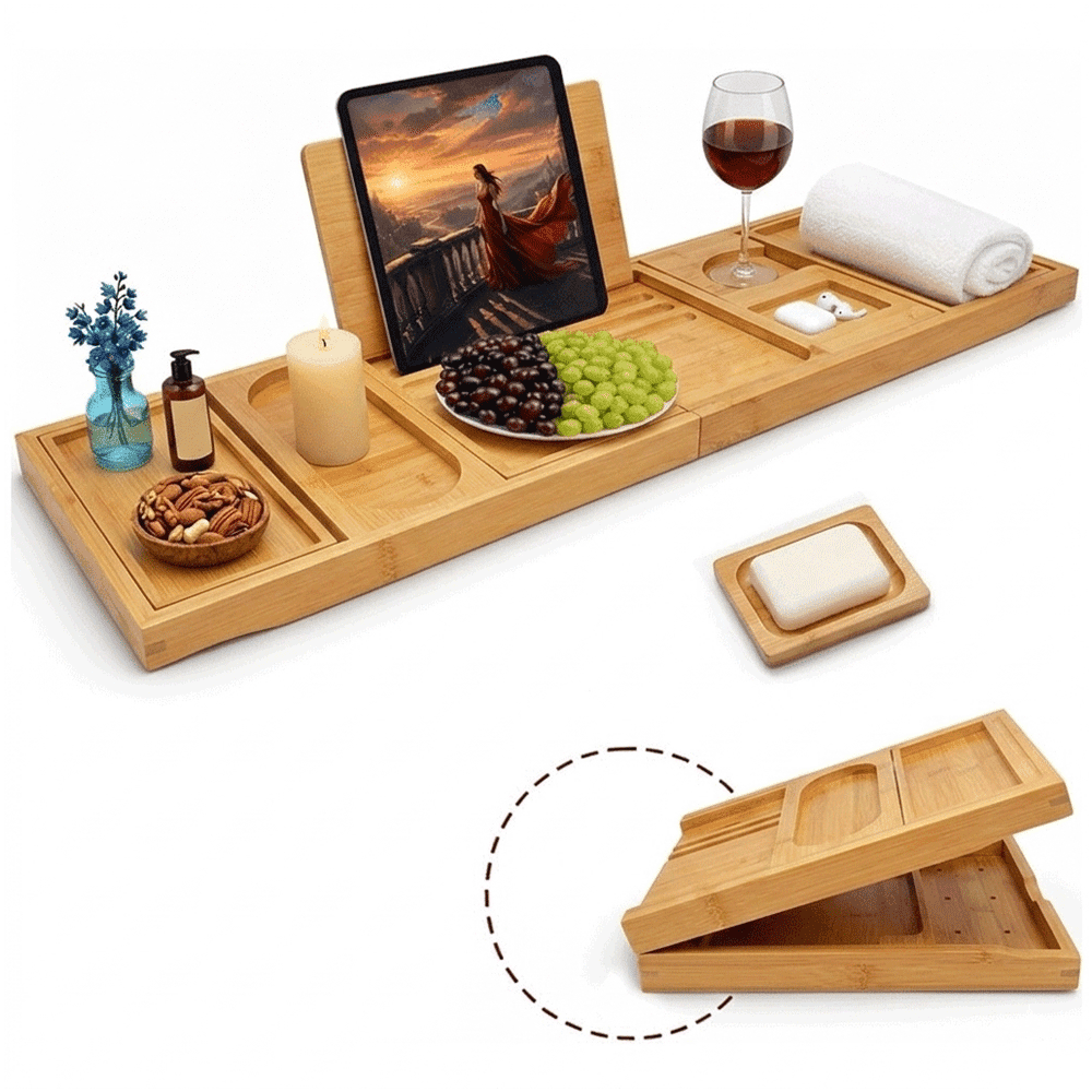 Rynex Natural Bamboo Bath Tray — The Ultimate Adjustable Bathtub Caddy